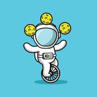lindo astronauta jugando a la luna con bicicleta vector