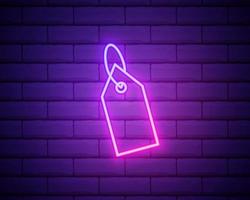 Glowing neon Blank label template price tag icon isolated on brick wall background. Empty shopping discounts sticker. Template discount banner. Vector Illustration