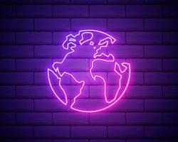 Glowing neon line Earth globe icon isolated on brick wall background. World or Earth sign. Global internet symbol. Geometric shapes. Vector Illustration