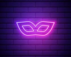 Carnival mask on the eyes. Neon pink contour on a brick wall background. Vector illustration