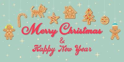 Merry Christmas and Happy New Year Greeting Card with hanging gingerbread cookies. vector