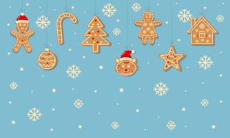 Christmas background with hanging gingerbread cookies.