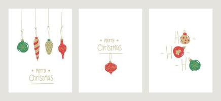 Merry Christmas postcard set. Xmas Poster with baubles. new year greetings card in doodle style.