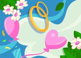 Wedding banner with rings and balloons. vector