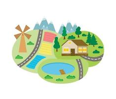 Vector rural landscape scenery icon with road path through green fields with lakes, farm houses, forest trees and mountains. Map design construction element. Spring, summer countryside.