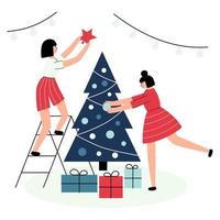 Two girls decorating a Christmas tree vector