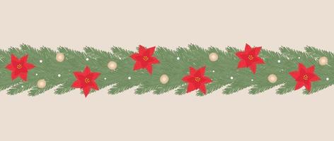 Navidad año nuevo corona de abeto con flor de pascua y guirnalda para decoración, postal, invitación vector