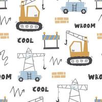 Cute children's seamless pattern with trucks and diggers in Scandinavian style on a white background. Building equipment. Funny construction transport Digital paper vector