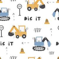 Cute children's seamless pattern with trucks and diggers in Scandinavian style on a white background. Building equipment. Funny construction transport Digital paper vector
