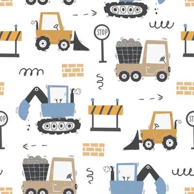 Cute children's seamless pattern with trucks and diggers in Scandinavian style on a white background. Building equipment. Funny construction transport Digital paper