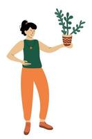 bonita mujer con una planta en maceta crassula ovata. vector