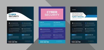 cyber security flyer design template bundle. cyber security protection poster leaflet design. bundle, 3 in 1, a4 template, brochure design, cover, flyer, poster, print-ready vector