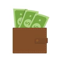 Wallet with dollars sticking out. Vector purse illustration in flat design