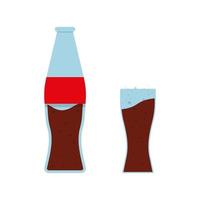 Soda in a glass bottle with glasses cup. Vector illustration in flat design