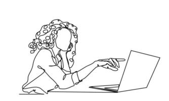 continuous line Skinned woman pointing finger at laptop computer during work vector