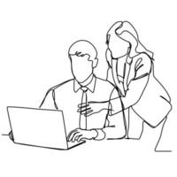 continuous line Skinned woman pointing finger at laptop computer during work vector