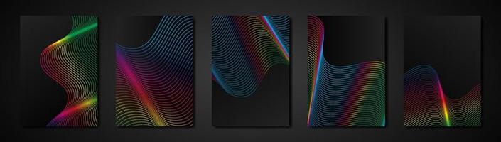 Set black cards abstract engraving spectrum color texture. Wavy etching background. Luxury Invitation or cover design template, wavy psychedelic colorful stripes and copy space. Vector illustration