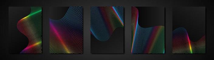 Set black cards abstract engraving spectrum color texture. Wavy etching background. Luxury Invitation or cover design template, wavy psychedelic colorful stripes and copy space. Vector illustration