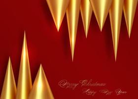 Christmas and New Year background. Conical Abstract Gold Christmas Trees. Luxury Bright Winter holiday composition. Greeting card, banner, poster, template. Vector isolated on red background