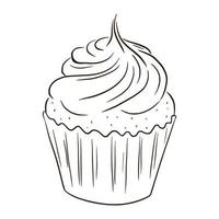 Ilustración de cupcake de arte lineal. boceto de comida sabrosa para pegatinas, invitación, cosecha, logotipo, receta, menú y decoración de tarjetas de felicitación vector
