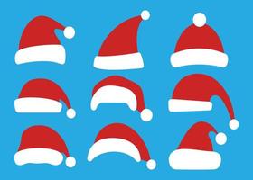 Set of Christmas hats isolated on blue background. Santa Claus hat bundle. New Year and Christmas decoration element. Vector illustration.
