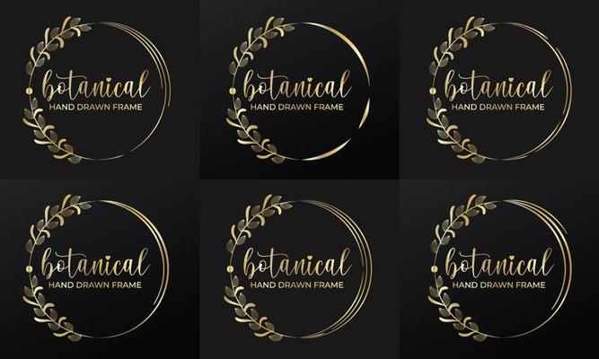 hand drawn golden botanical wreaths and floral round frame for botanical logo