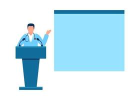 Doctor giving speech, presentation on conference, medicine seminar from tribune with microphone. Medicine healthcare. Conference meeting, presentation of medical science. Vector illustration