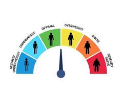 Tabla de categorías de IMC, índice de masa corporal y escala de masa de personas. peso muy bajo, bajo peso, óptimo, sobrepeso, obesidad, obesidad severa control gráfico de la salud. ilustración vectorial vector