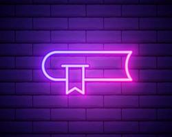 Glowing neon line Book icon isolated on brick wall background. Colorful outline concept. Vector