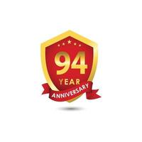 Ilustración de diseño de plantilla de vector de oro rojo emblema de celebración de aniversario de 94 años