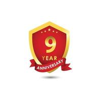 9 Years Anniversary Celebration Emblem Red Gold Vector Template Design Illustration