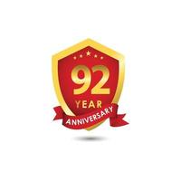 92 Years Anniversary Celebration Emblem Red Gold Vector Template Design Illustration