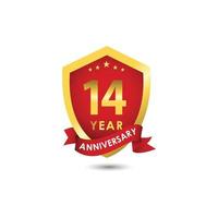 Ilustración de diseño de plantilla de vector de oro rojo emblema de celebración de aniversario de 14 años