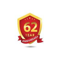 Ilustración de diseño de plantilla de vector de oro rojo emblema de celebración de aniversario de 62 años