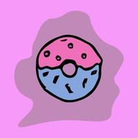 Sweet colored donut icon isolated on pink background. Doodle vector illustration. Hand-drawn icon