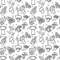 Seamless vector pattern with mushrooms. Doodle vector with mushroom icons on white background. Vintage mushroom pattern, sweet elements background for your project, menu, cafe shop.