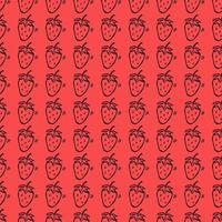 Seamless strawberries vector pattern. Doodle vector with strawberries icons on red background. Vintage strawberries pattern, sweet elements background for your project, menu, cafe shop.
