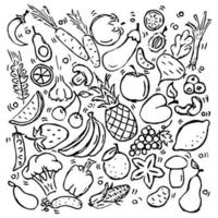 Fruits and vegetables vector icons.Doodle vector with fruits and vegetables icons on white background. Vintage vegan illustration with fruits and vegetables, sweet elements background for your project