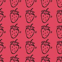 Seamless strawberries vector pattern. Doodle vector with strawberries icons on red background. Vintage strawberries pattern, sweet elements background for your project, menu, cafe shop.