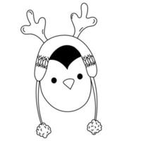 Christmas Penguin with Deer Antlers. outline. illustration vector