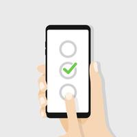 Checkboxes on smartphone screen. Hand hold smartphone, finger touch screen. vector