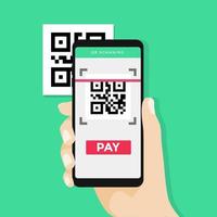 mano que sostiene el teléfono inteligente para escanear el código qr en papel para obtener detalles, tecnología y concepto de negocio. vector