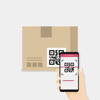 Business hand holding smartphone to scan QR code on box for detail of merchandise. vector