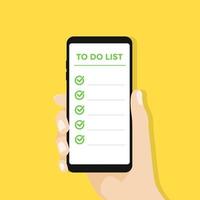 Hand holding smartphone with to do list on the display. vector