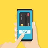 Payment page and credit card on smartphone screen with pay button. Hand holds the smartphone. vector