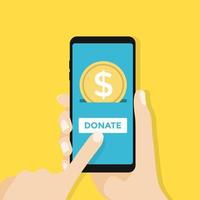 Gold coin and donate button on smartphone screen. Hand holds smartphone, finger touches screen. vector