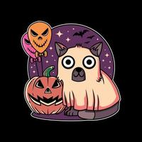 diseño de ilustración del festival de halloween lindo gato, calabaza y globo con estilo plano dibujado a mano en fondo negro. bueno para logo, fondo, camiseta, banner vector