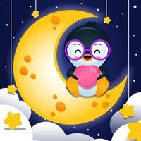 pingüino feliz sentado en la luna y sosteniendo el amor en su regazo vector