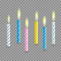 Velas de pastel de cumpleaños realista, conjunto de vectores, aislado con llama ardiente transparente vector