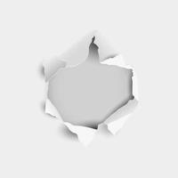 Torn hole and ripped in sheet paper on a gray background, 3d realistic style vector